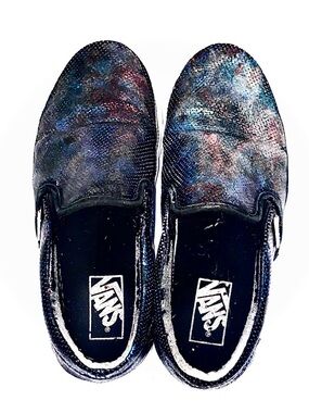 Vans Women’s Slip-On Sneakers in Black with Blue & Purple Speckles